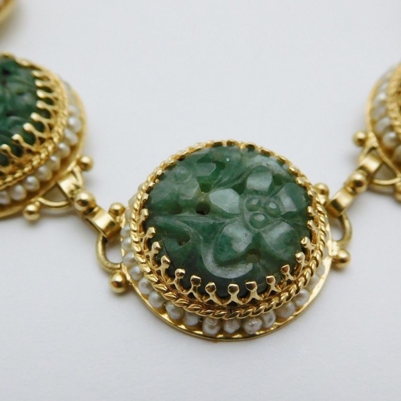 Rare CHINESE Solid 14k Yellow Gold / Carved Jade / Pearls Ladies Bracelet - Picture 4 of 6